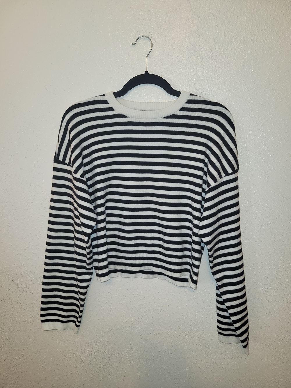 Marled Black & White Striped Cropped Crewneck Sweater